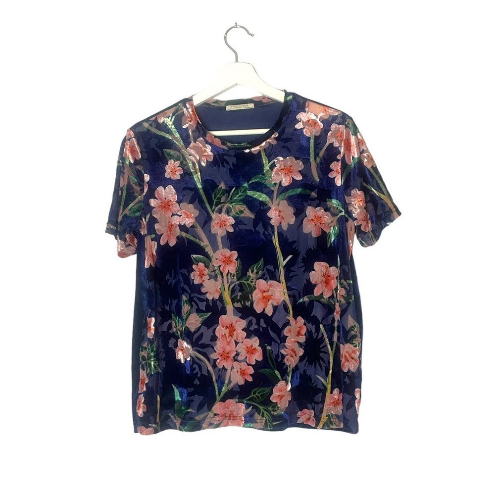 Zara Velvet Floral T-shirt Blouse Size Medium - Picture 6 of 6